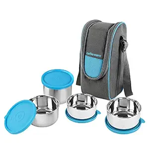 CELLO Steelox Stainless Steel Lunch Box Set of 4 with Bag (Capacities - 225ml, 375ml x 2, 550ml), Blue | Tiffin Box with Jacket | Leakproof 