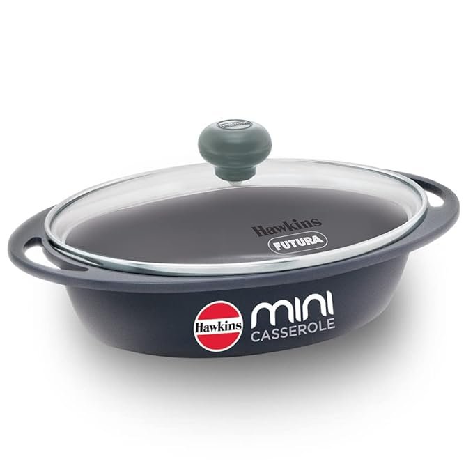 Hawkins 0.75 Litre Mini Casserole with Glass Lid, Oval Shaped Die-Cast pan for Cooking, Reheating, Serving and Storing, Grey (DCG75G)