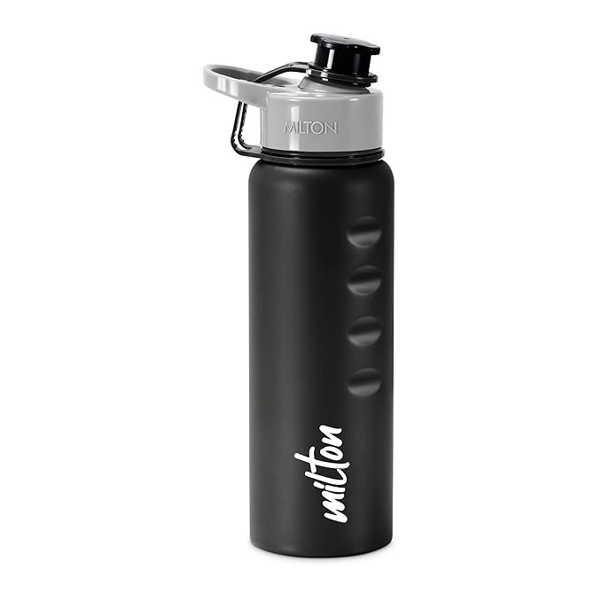 MILTON Gripper 750 Stainless Steel Water Bottle with Screw Top Sipper Lid, 750 ml water bottles, Single walled, Leak-Proof, Rust-free, Easy Grip, Easy to Carry, Travel and Gym Bottle, Black