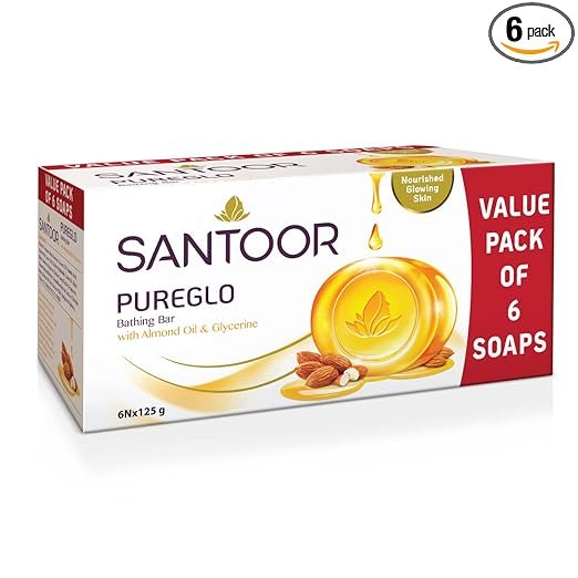 Santoor PureGlo Glycerine Bathing Bar Soap with Almond Oil for Nourished & Glowing Skin