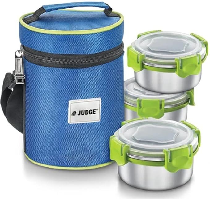 Judge by Prestige Non-Insulated Tiffin Box with Pouch, Set of 3 Containers (300 ml x 3)