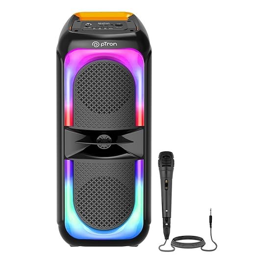 pTron Fusion Beats 40W Karaoke Bluetooth Party Speaker with Loud & Clear Stereo Sound, Vivid RGB Lights, 3 mtr Wired Mic, BT/USB/SD Card Playback, Portable Speaker & Type C Fast Charging (Royal Black)