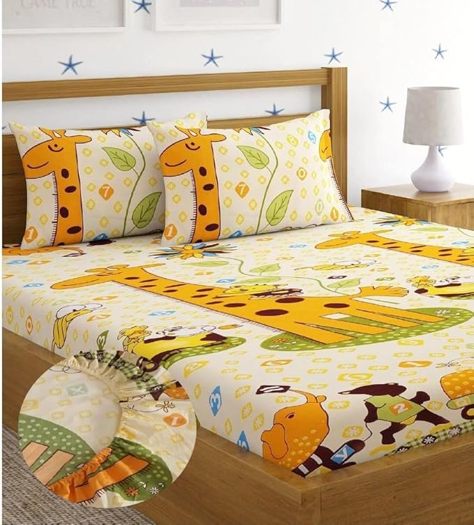 Microfibre Kid's Giraffe Elastic Fitted Double Bedsheet (72X78 inch) with 2 King Size Pillow Covers