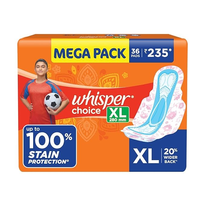 WHISPER CHOICE SANITARY PADS, 36 XL PADS