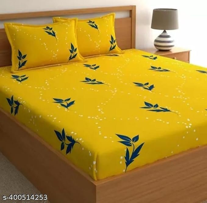 Queen Size Bedsheet for Double Bed, Glace Cotton Flat Double Bedsheet with 2 Pillow Cover 90 x 90 Inches (Yellow-Blue-Leaves)