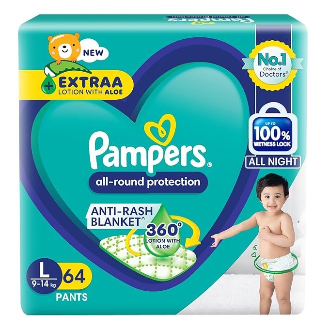 Pampers Pant Style Baby Diapers, Large (L), 64 Count, 9-14kg,