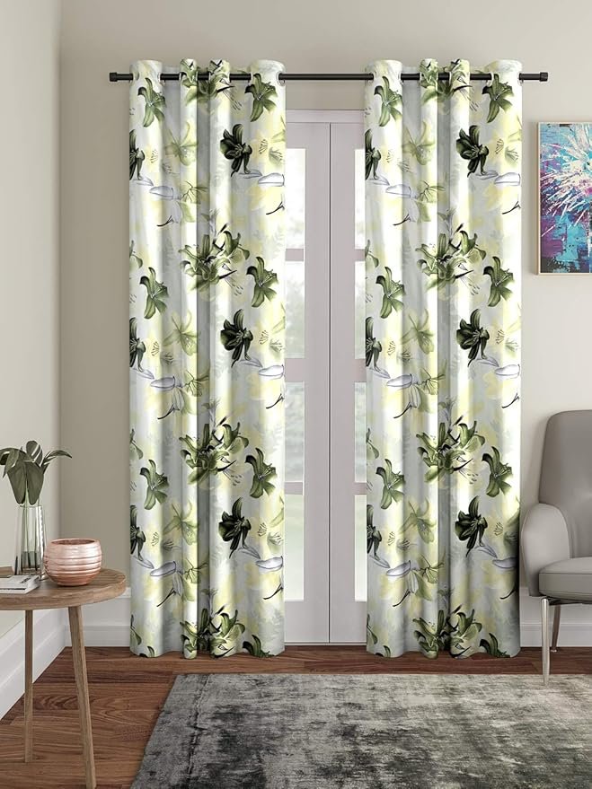 2 Pieces 3D Flower Eyelet Polyester Door Curtains - 7 Feet, Green