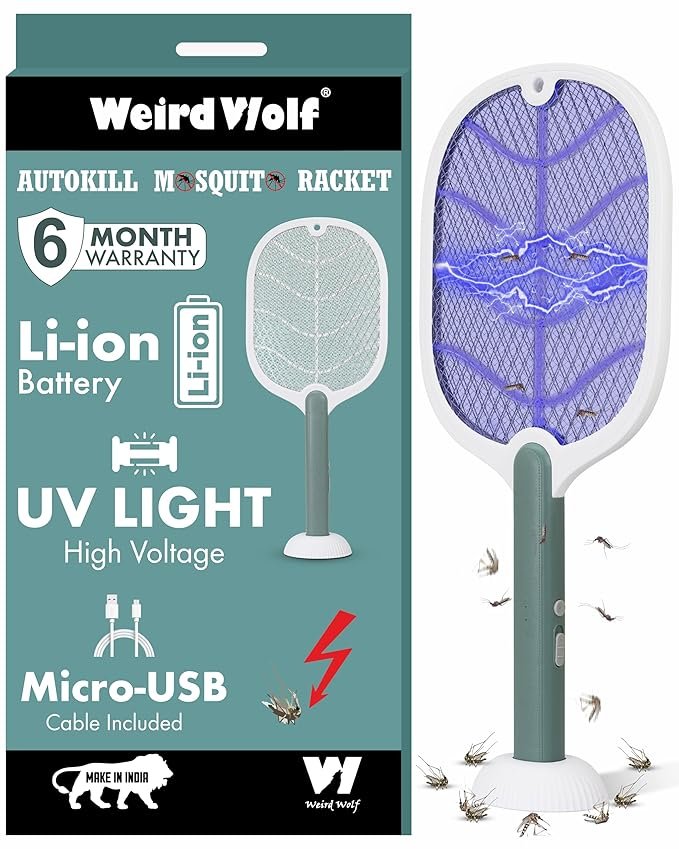 Weird Wolf 2 in 1 UV Light Electric Fly Swatter Mosquito Racket Bat with Base Stand, Lithium Battery, USB Charging, 6 Months Warranty, White