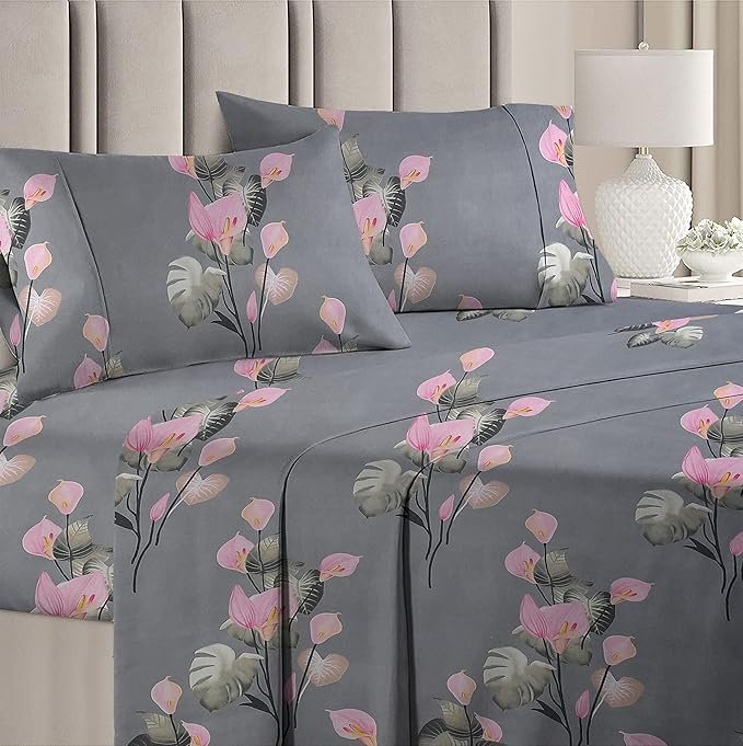 100% Cotton Feel 160 TC Big Flower Printed Double Bedsheets with 2 King Size Pillow Cover, (90X90 Inches, 7x7.5 Feet, Pink & Grey Flower)