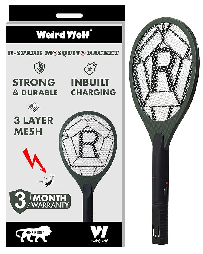 Weird Wolf Heavy Duty Mosquito Racket Bat | Rechargeable Electric Fly Swatter | Mosquito Killer Racquet with 2 Pin Plug and 3 Months Warranty (Dark Green)