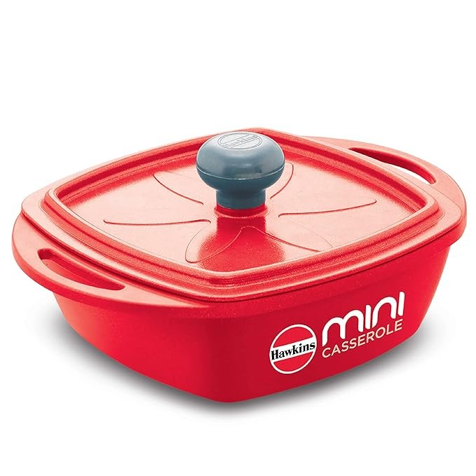 Hawkins Aluminium 0.75 liter Mini Casserole With Lid, Square Series Die-Cast Pan For Cooking, Reheating, Serving And Storing, Red (Mcsr75)