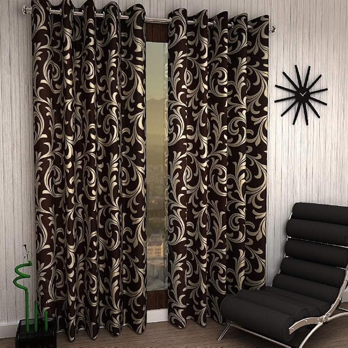  Modern 2 Piece Eyelet Polyester Door Curtain Set - 7ft, Brown