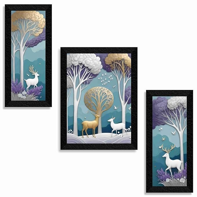 SAF deers and birds wall painting for Wall Decoration - Set Of 3, 3d modern art Painting for Living Room Large Size with Frames for Home Decoration, Hotel, Office Paintings 61 cm x 36 cm SANFS36052