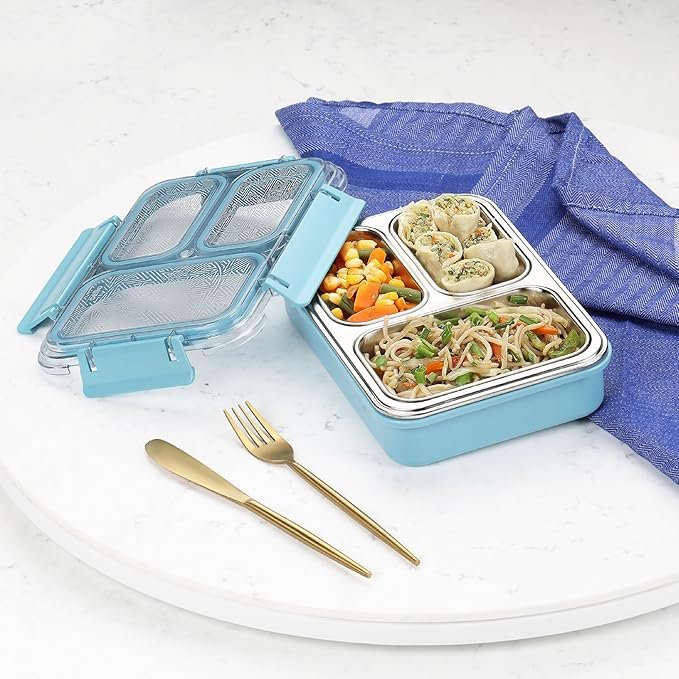 CELLO Tri Lunch Insulated Lunch Box | Inner Stainless Steel Compartment | Silicon Seal in The Lid with with 4 Sided Click Locks | Ideal for College,Office, Outdoor Activities | Light Blue | Set of 1