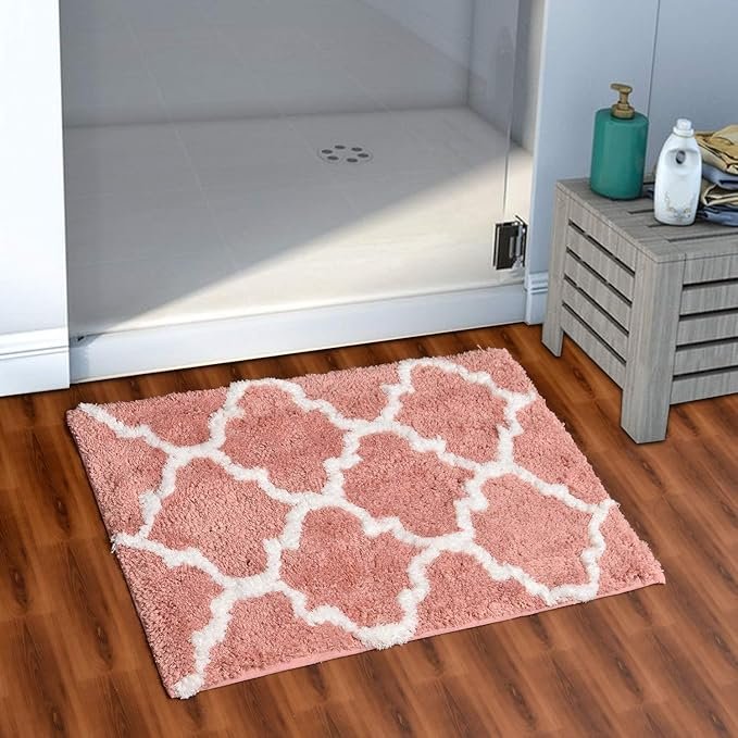 AEROHAVEN™ Glorious Super Soft Microfiber Abstract Moroccan Designer Anti Slip Bathmat (Peach, 40 cm x 60 cm)